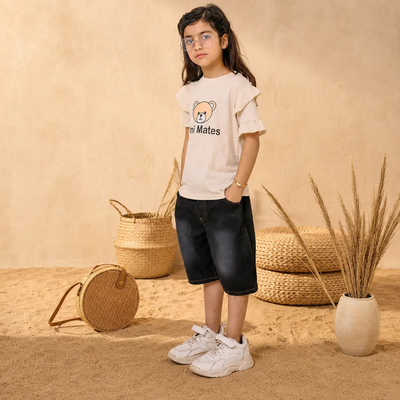 Girls Premium & 100% Cotton T-Shirt & Soft Denim Shorts