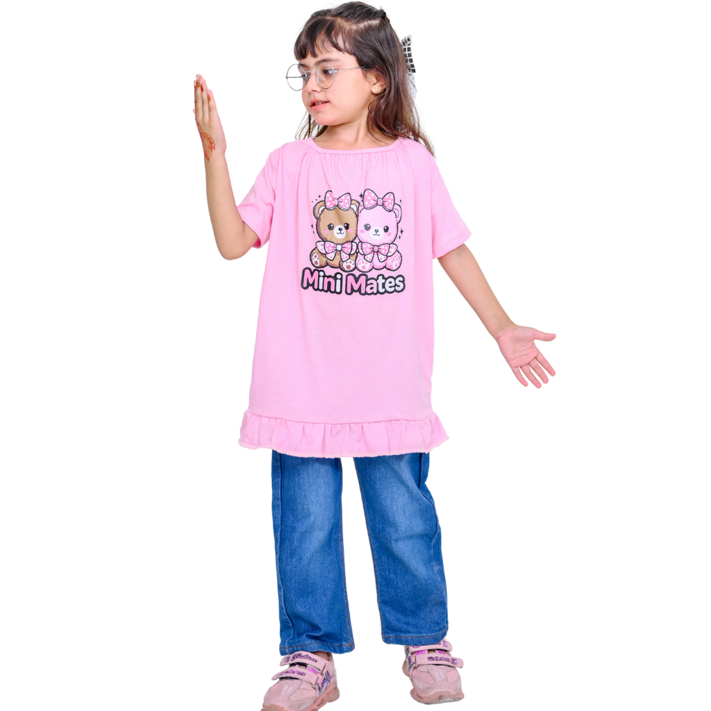 Girls Cute Pink 100% Cotton T-Shirt & Soft Denim Pants