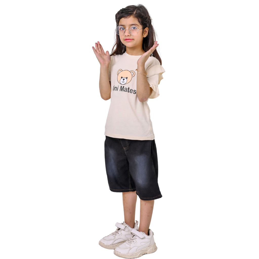 Girls Premium & 100% Cotton T-Shirt & Soft Denim Shorts