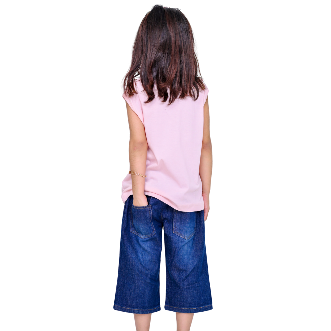 Mini Mates Girls' Ruffled Collar T-Shirt and Soft Denim Shorts