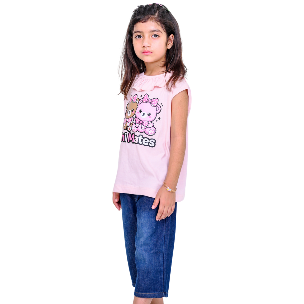 Mini Mates Girls' Ruffled Collar T-Shirt and Soft Denim Shorts