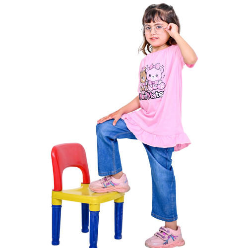 Girls Cute Pink 100% Cotton T-Shirt & Soft Denim Pants