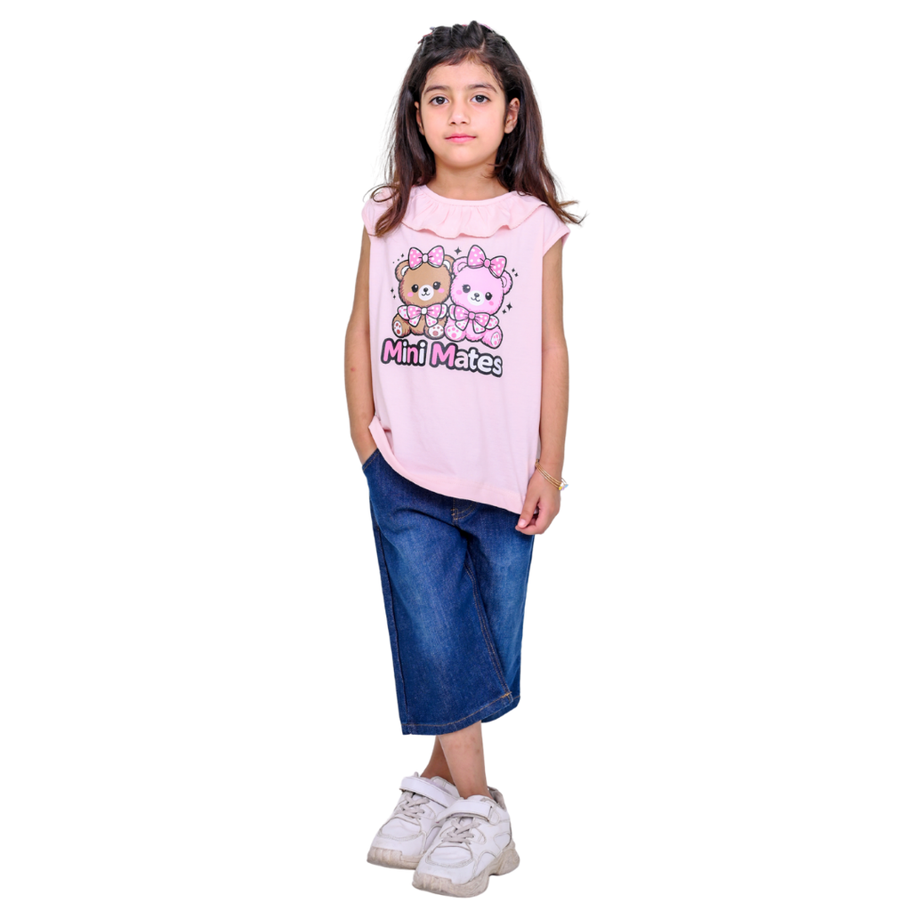 Mini Mates Girls' Ruffled Collar T-Shirt and Soft Denim Shorts