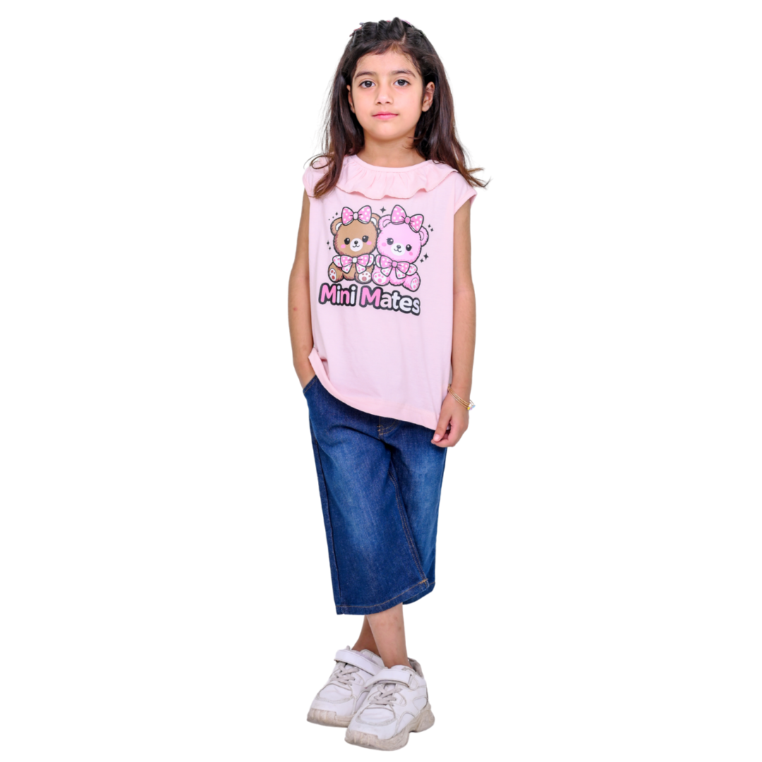 Mini Mates Girls' Ruffled Collar T-Shirt and Soft Denim Shorts