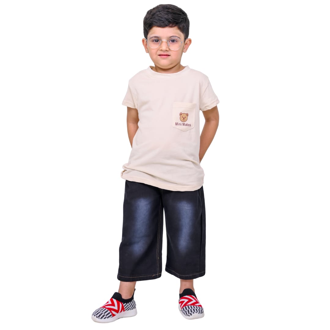 Mini Mates Kids Bear Printed T-Shirt & Denim Pants