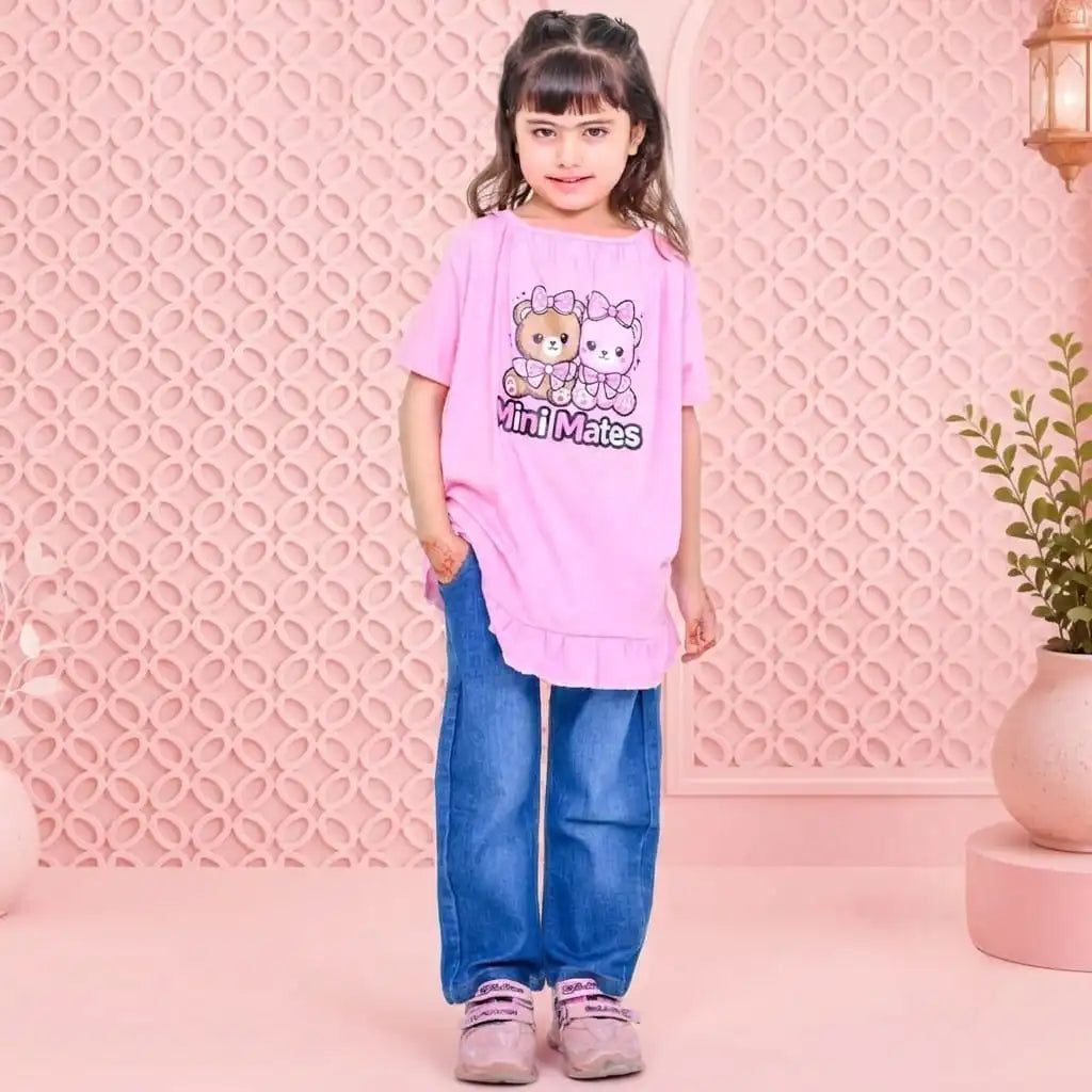 Girls Cute Pink 100% Cotton T-Shirt & Soft Denim Pants