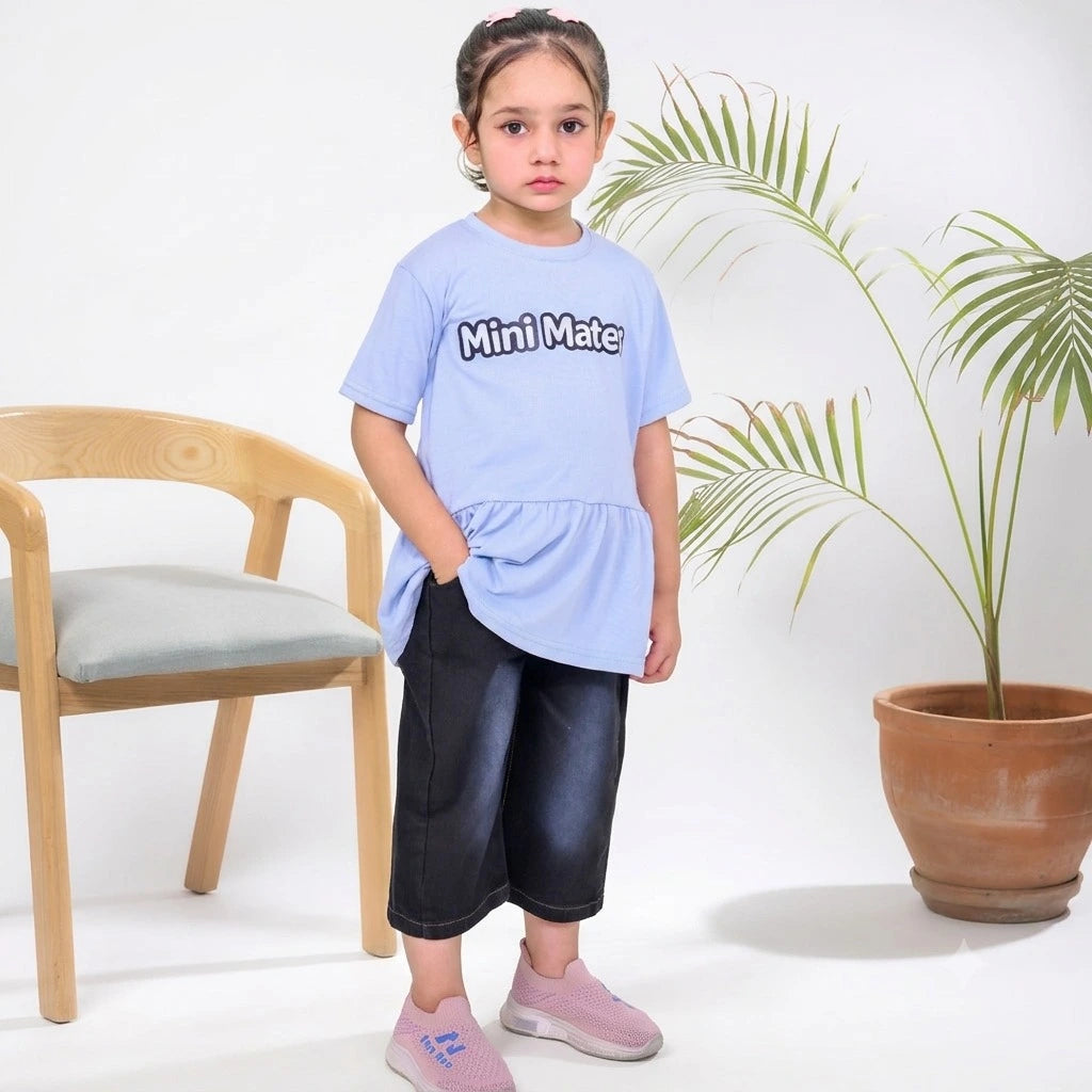 Girls Pastel Blue Peplum T-Shirt & Soft Denim Leg Shorts