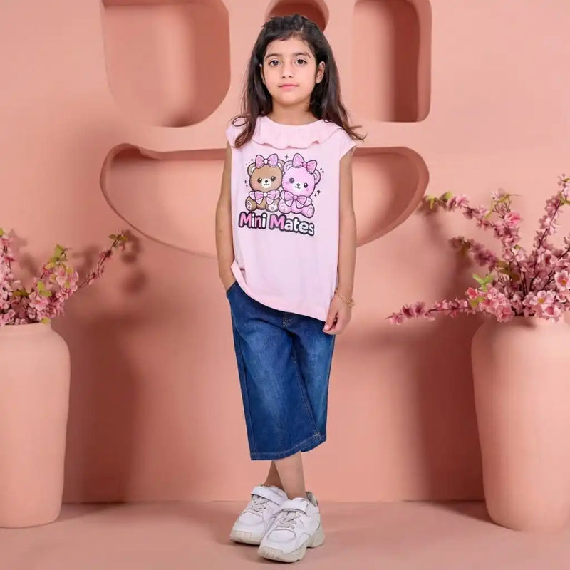 Mini Mates Girls' Ruffled Collar T-Shirt and Soft Denim Shorts