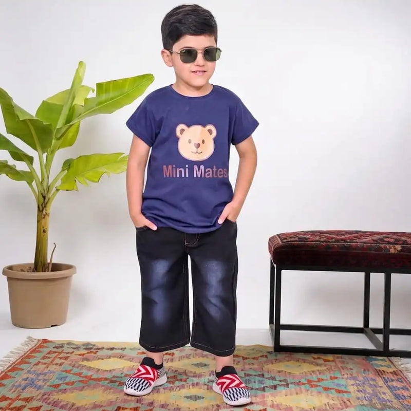 The Classic Navy Printed T-Shirt & Denim Pants Set